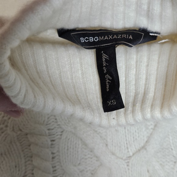 BCBG Max Azria Merino Wool Cable Knit Turtleneck Sweater White XS Balloon Sleeve - Picture 3 of 6